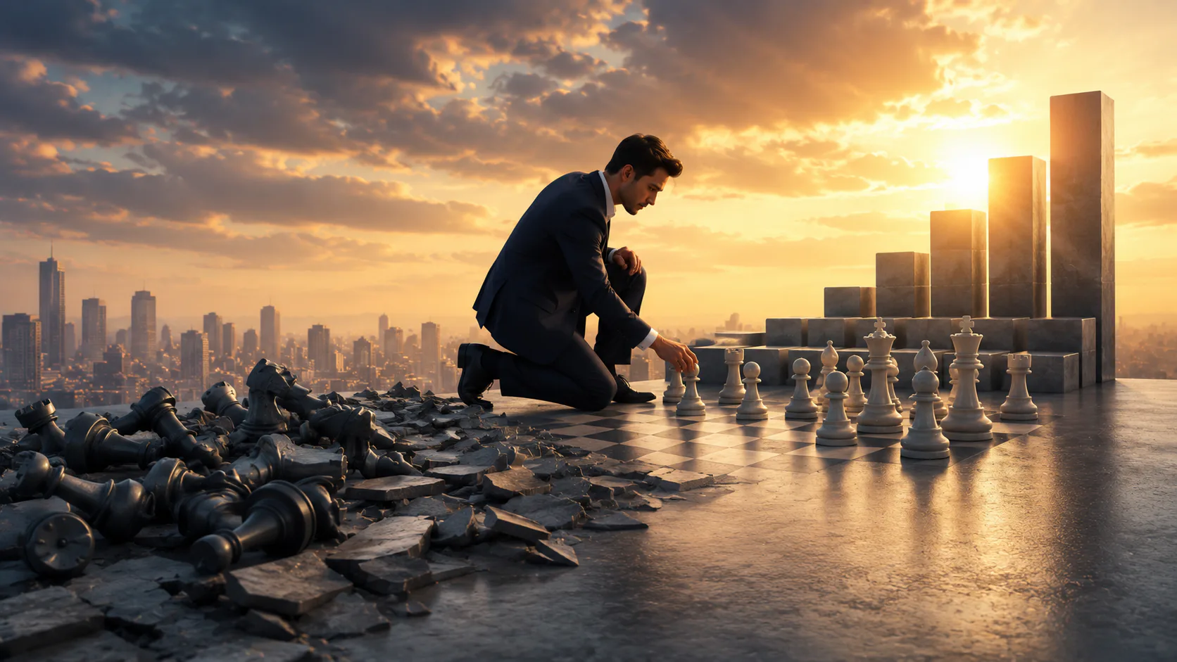 Businessman in dark suit crouching on rooftop beside chess pieces and fallen black pieces, overlooking city skyline at golden sunset with modern buildings in background.