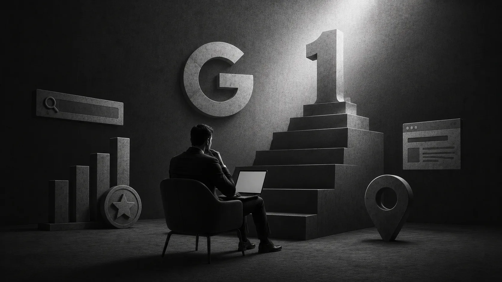 Silhouette of businessman with laptop seated before giant stacked blocks forming number 1, surrounded by SEO icons including search bar, analytics charts, star rating, location pin, and website win...