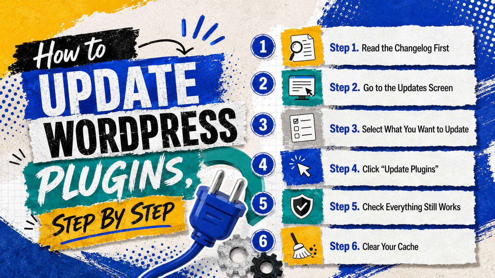Colorful infographic displaying six numbered steps for updating WordPress plugins, featuring icons, blue circular numbers, paint-splattered design with yellow, blue, and teal accents, and a blue po...