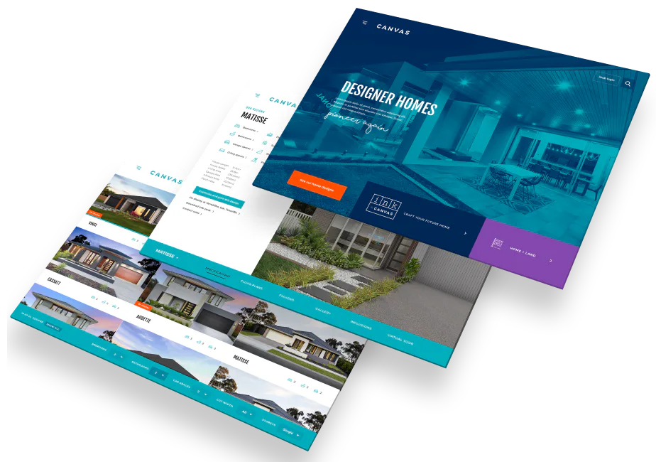 Isometric view of multiple website pages displaying Canvas designer homes project, featuring dark blue hero section with turquoise accents, property listings, and orange call-to-action buttons acro...