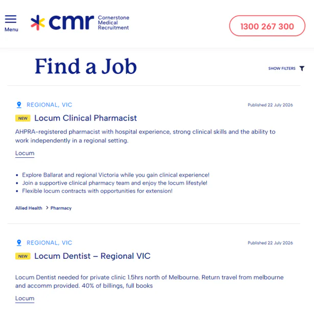 Cornerstone Medical Recruitment job board displaying two healthcare positions: a Locum Clinical Pharmacist role in Regional Victoria and a Locum Dentist position north of Melbourne, with job descri...