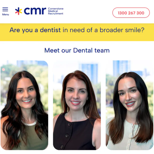 Three smiling female dental professionals posing for portraits with modern office background, representing Cornerstone Medical Recruitment's dental team placement services.