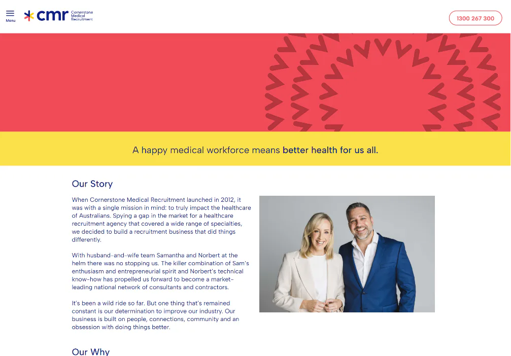 Samantha and Norbert, husband-and-wife co-founders of Cornerstone Medical Recruitment, standing together in professional attire against a neutral background.