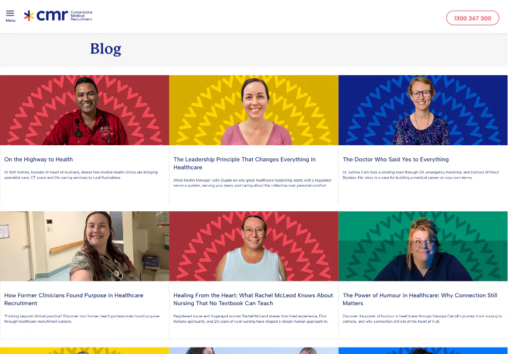 Grid layout of six healthcare professionals with colored geometric backgrounds in red, yellow, blue, and green, representing featured blog articles about healthcare careers and medical leadership.