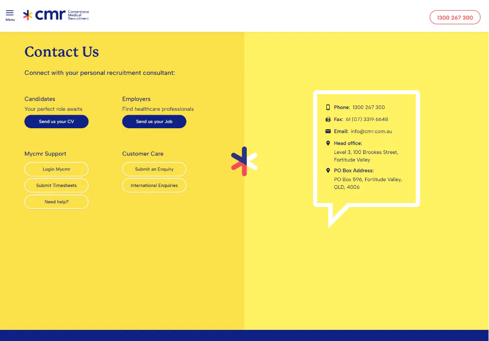 Contact Us page for Cornerstone Medical Recruitment displaying four service sections: Candidates, Employers, Mycmr Support, and Customer Care with corresponding action buttons, plus contact informa...