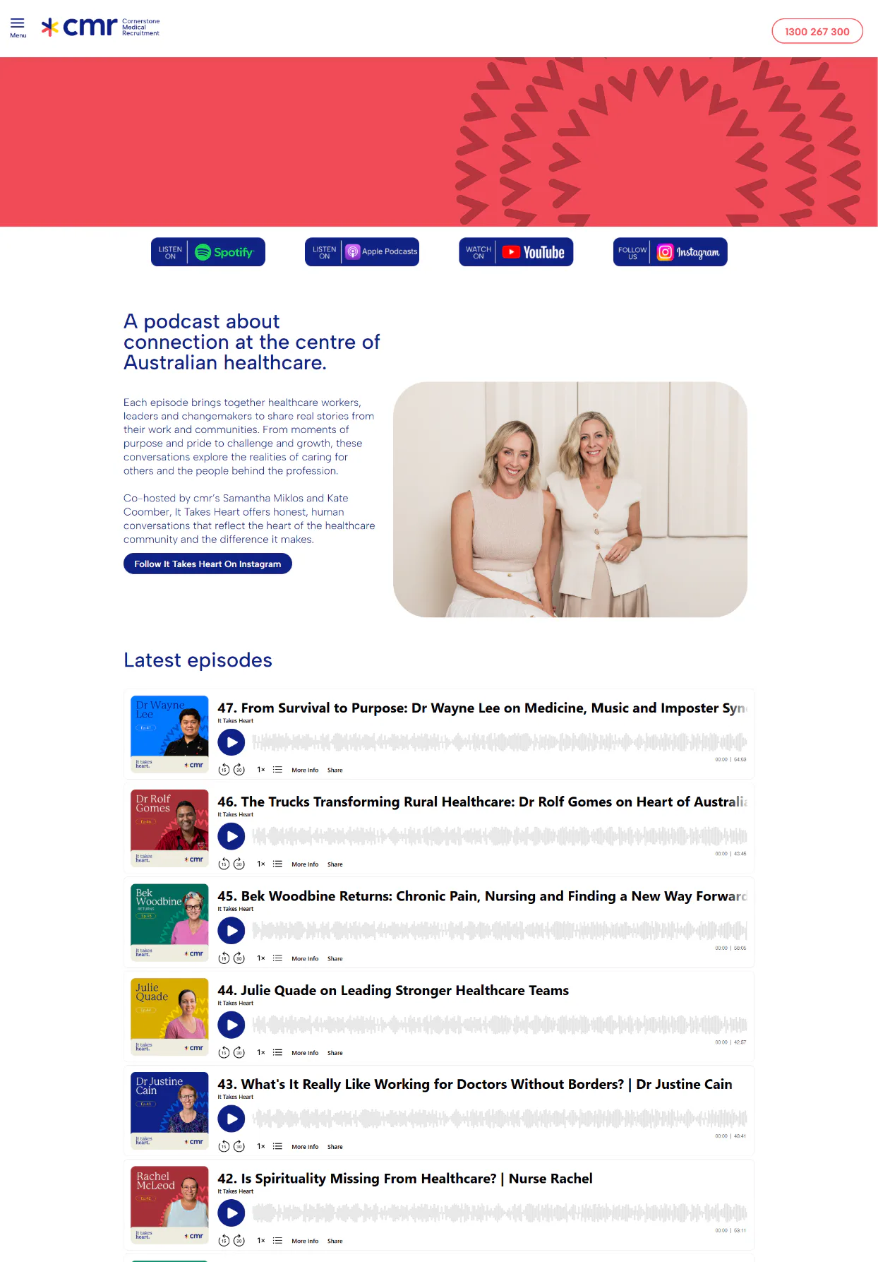 Two women co-hosts Samantha Miklos and Kate Coomber smiling at camera, seated on beige couch for It Takes Heart podcast about Australian healthcare.