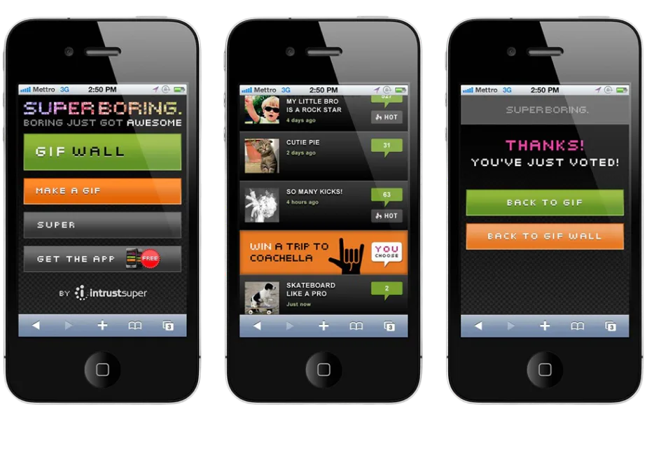 Three iPhone screens displaying a GIF voting application with trending animated content, voting buttons, and user engagement features including Coachella promotion and app download prompt.