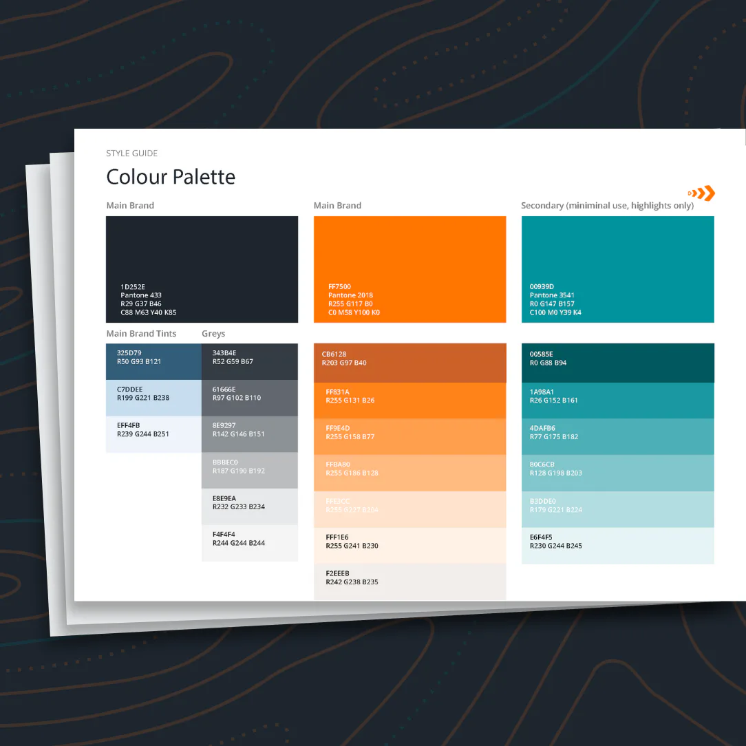 Professional color palette guide displaying dark navy, orange, and teal brand colors with hex codes, RGB values, Pantone numbers, and organized tint variations for design consistency.