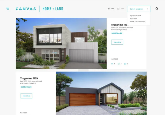Two contemporary Australian residential house designs displayed on Canvas Home + Land website, featuring modern architectural styles with large windows, mixed materials, and landscaped gardens in T...