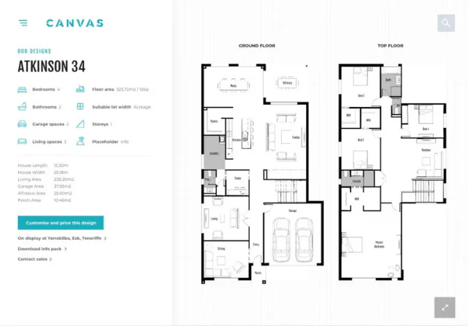 Architectural floor plan showing ground and top floors of a two-story residential home with multiple bedrooms, bathrooms, living spaces, garage, and storage areas labeled throughout.
