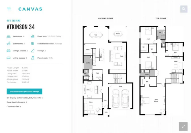 Two-story architectural floor plan showing ground floor with garage, living areas, and bedrooms, and top floor with additional bedrooms and bathrooms with labeled rooms and dimensions.