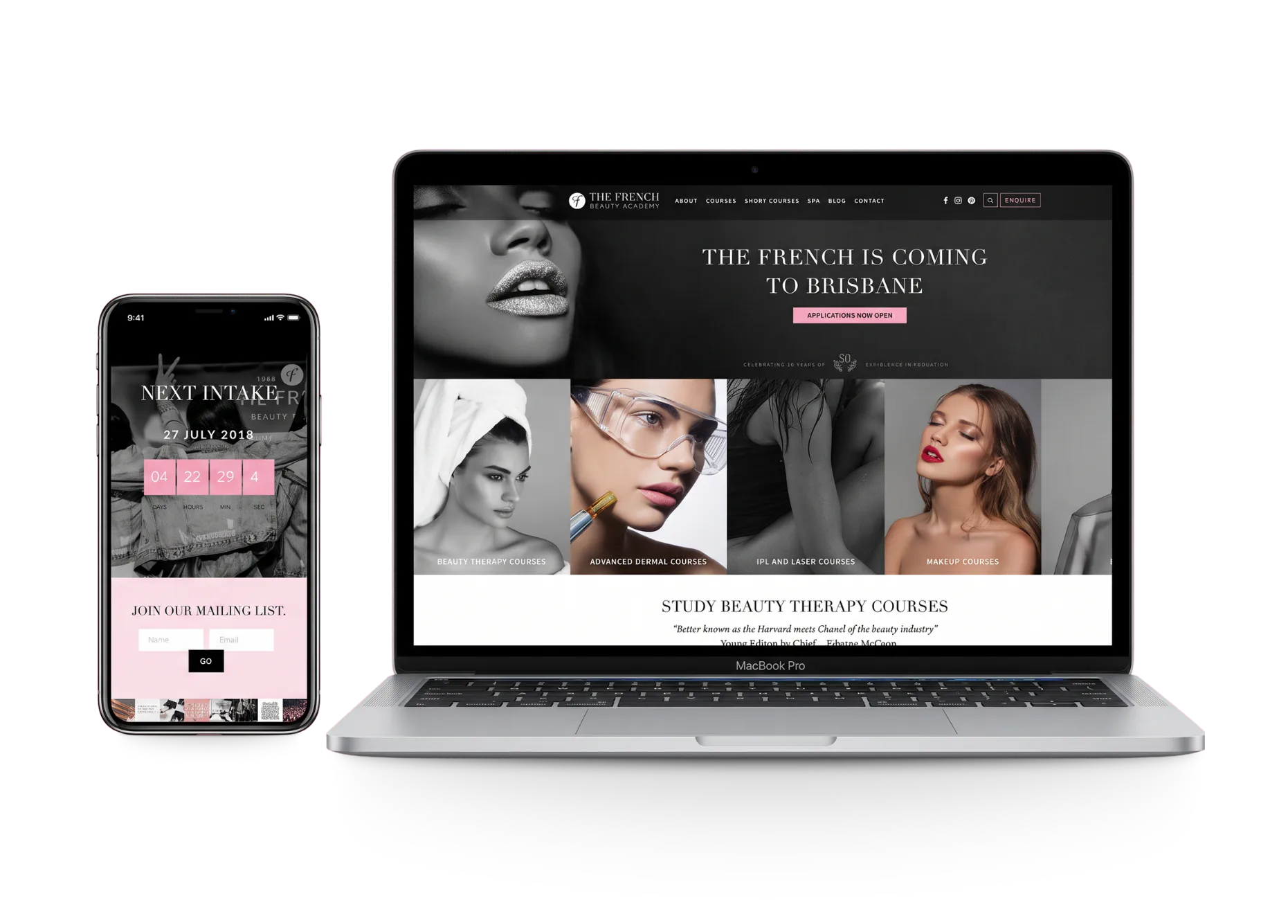 iPhone and MacBook Pro displaying The French Beauty Academy's responsive website, featuring beauty therapy courses, dermal treatments, and makeup training programs with pink accent buttons.