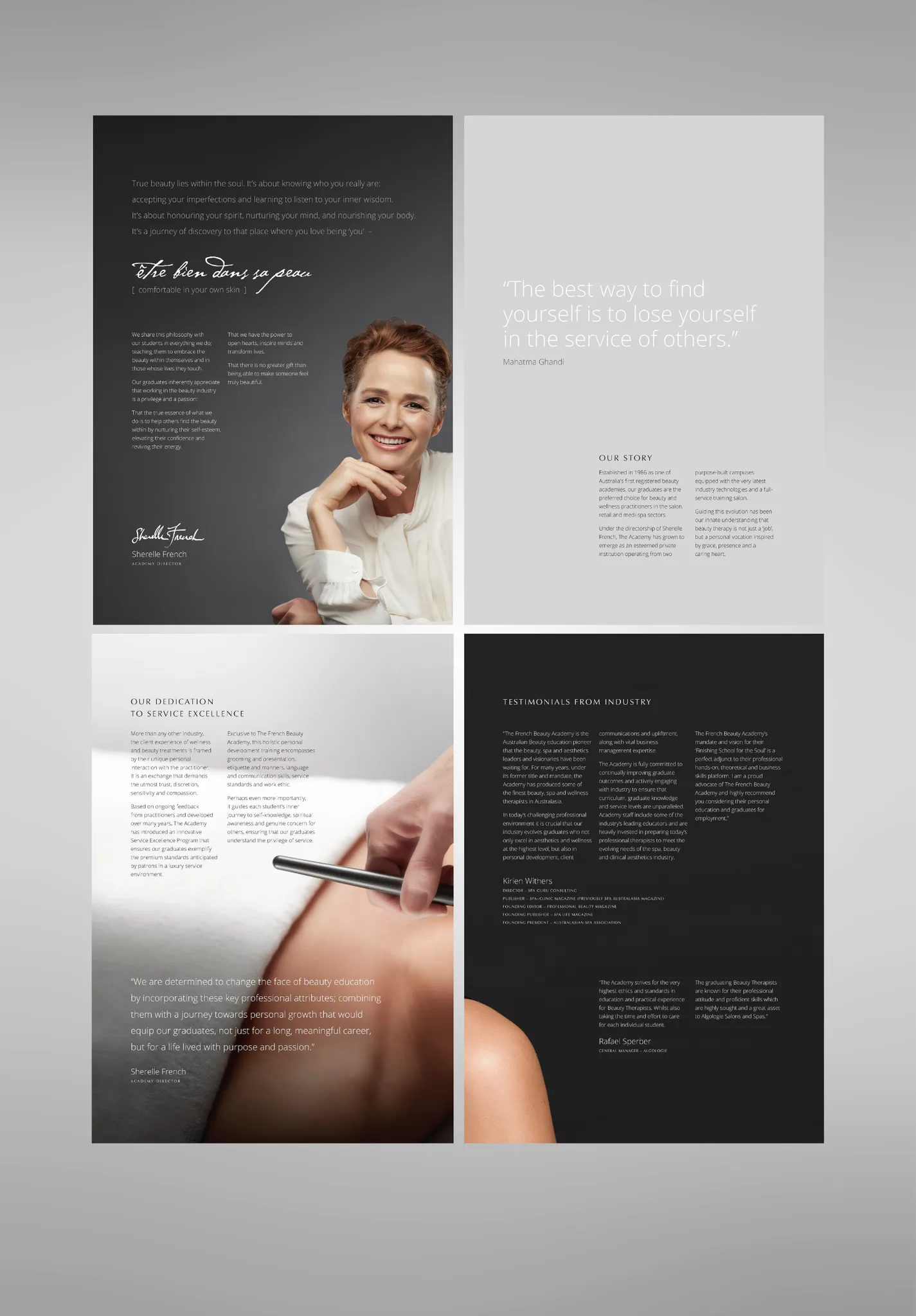 Collage showcasing French Beauty Academy's brand identity with portrait of founder, inspirational quotes about self-discovery and beauty education, company mission statements, and client testimonia...