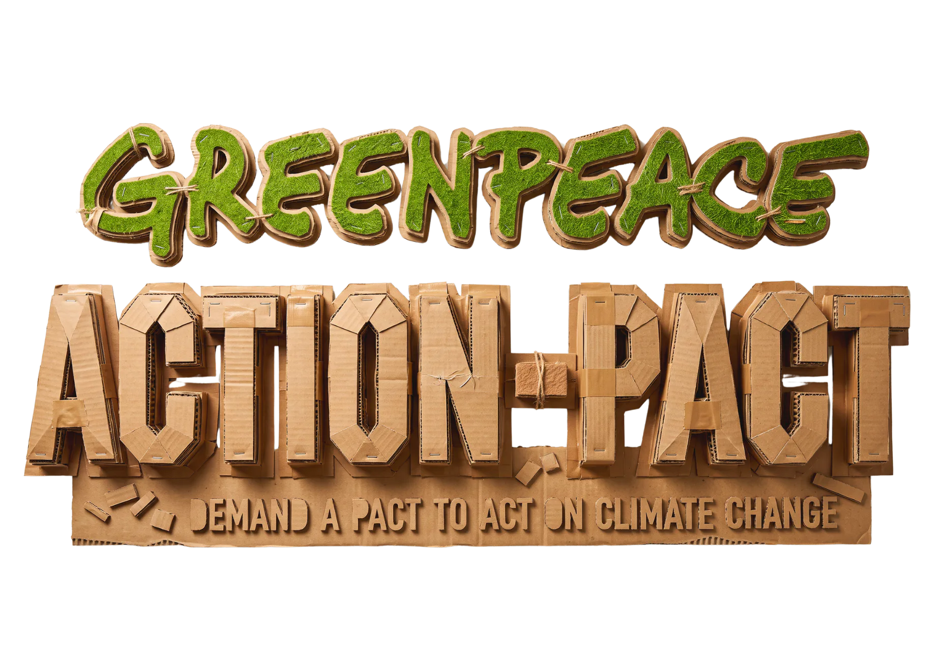 3D rendered text logo reading 'Green Peace Action Pact' with moss-textured green letters above cardboard box-style brown letters, featuring tagline 'Demand a Pact to Act on Climate Change'