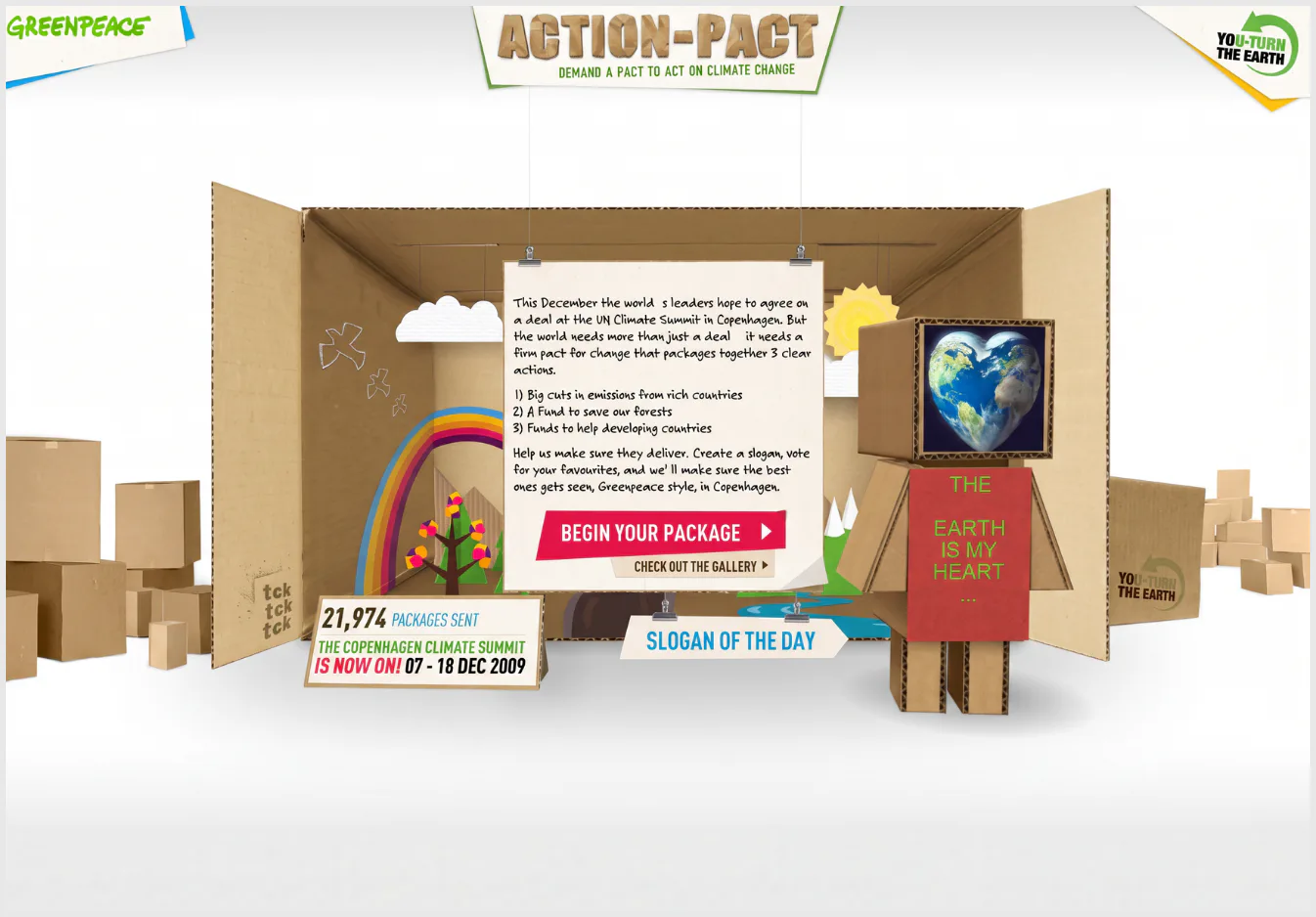 Interactive 3D cardboard box interface for Greenpeace's Action Pact campaign showing climate action messaging, rainbow illustration, Earth globe, and call-to-action buttons for user engagement.
