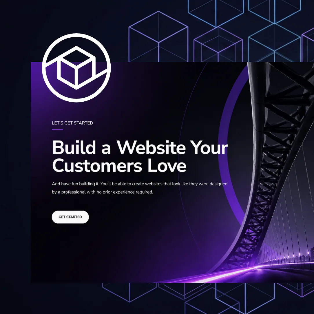 Modern website builder interface with white cube logo, purple glowing bridge design, geometric patterns, and 'Build a Website Your Customers Love' headline with call-to-action button