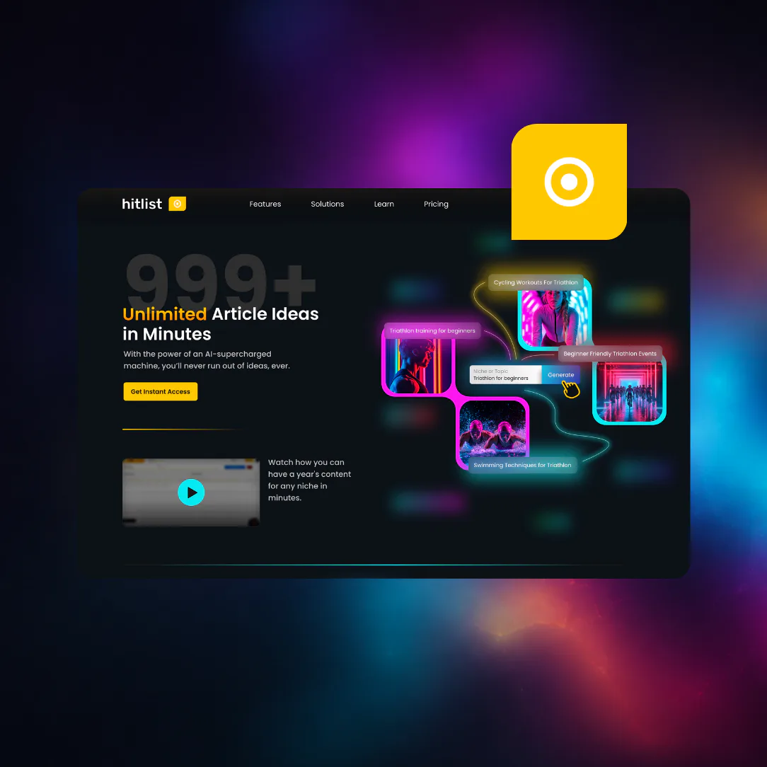 Screenshot of Hitlist.ai platform showing 999+ article ideas generated by AI, with colorful neon-bordered content cards displaying triathlon training topics and a yellow app icon with target symbol.