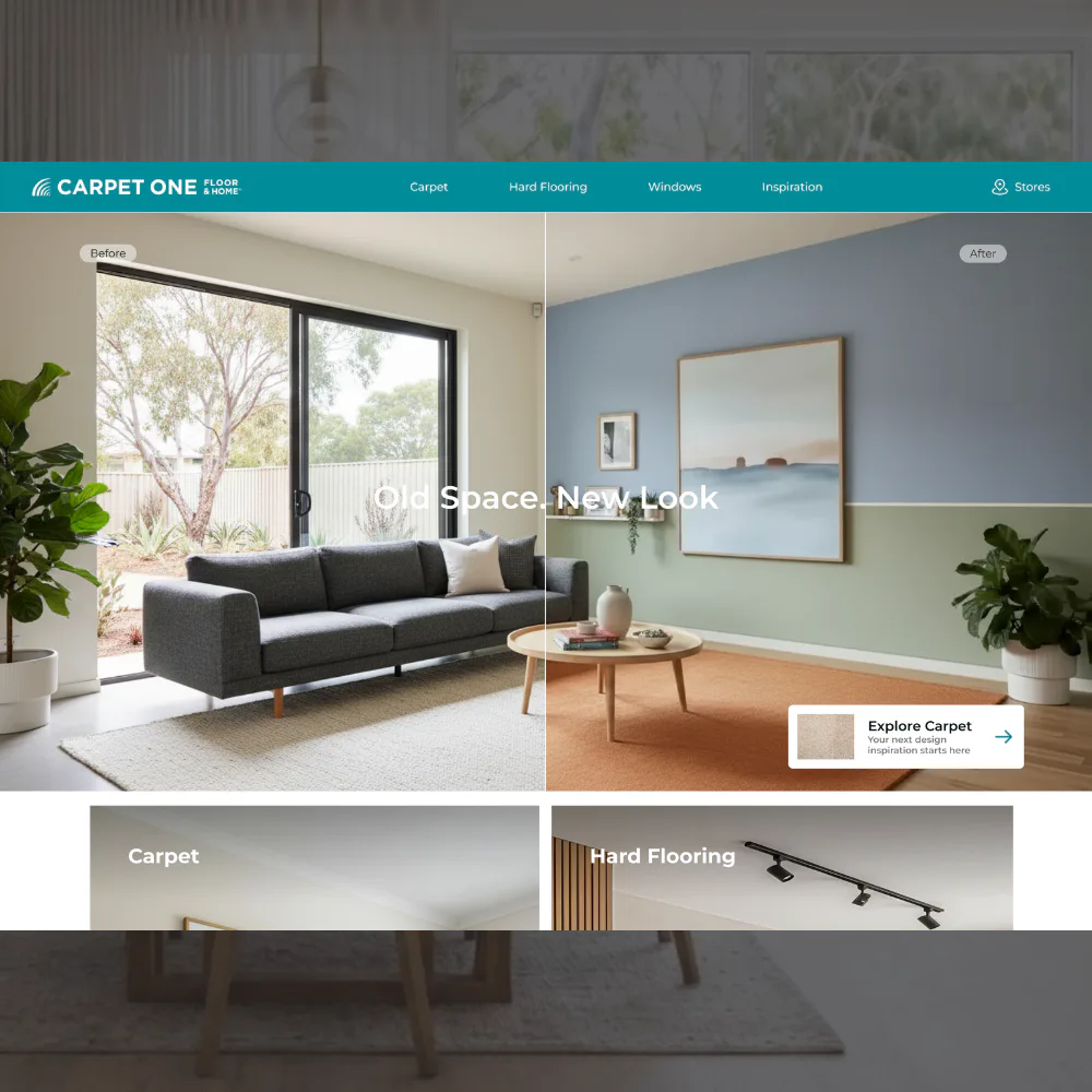 Split-screen comparison of a living room transformation: left shows a neutral space with dark sofa and large windows; right displays the same room redesigned with blue-grey walls, sage green lower ...