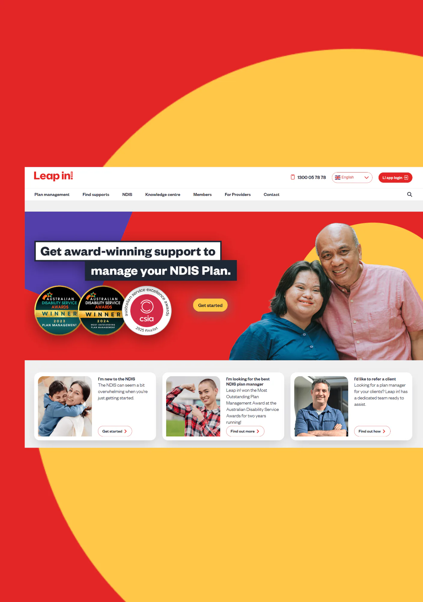 Smiling woman in blue shirt and man in pink shirt stand together on red background. Text reads 'Get award-winning support to manage your NDIS Plan' with three certification badges below and yellow ...