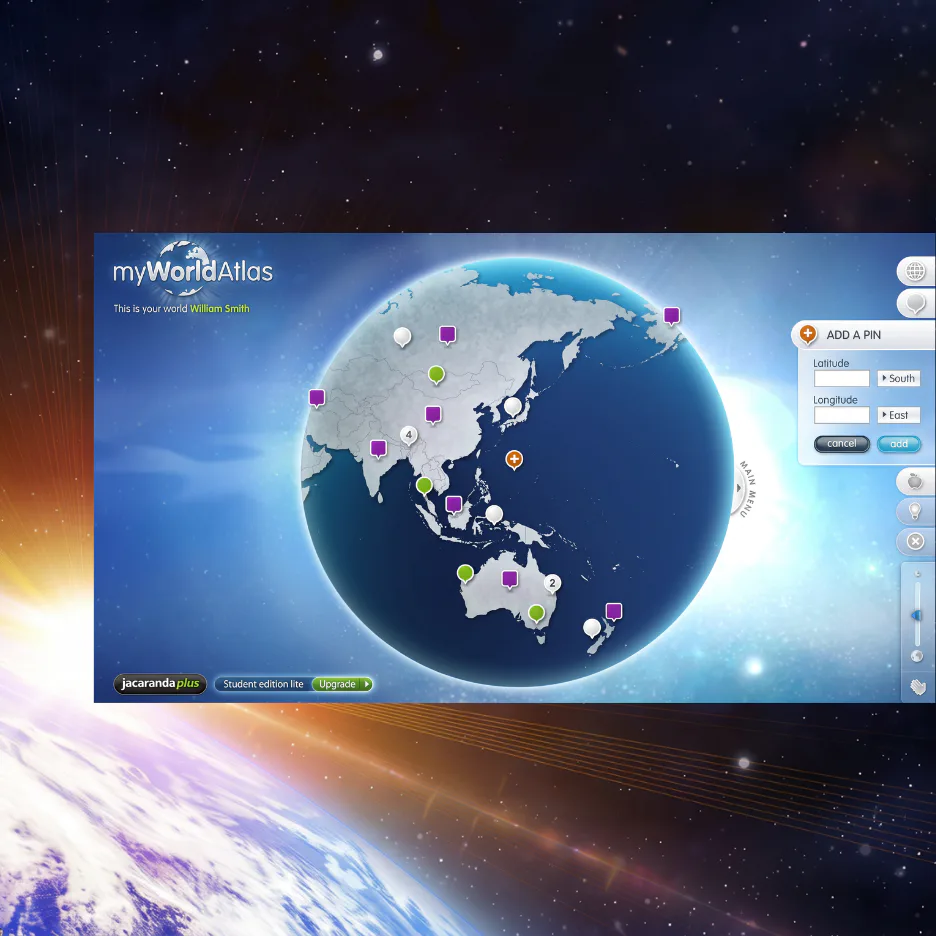 Interactive 3D globe showing myWorldAtlas interface with purple, green, and orange location pins marking destinations across Asia, Australia, and surrounding regions against a starry space background.