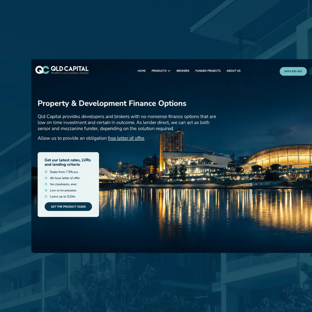 QLD Capital website homepage displaying property finance solutions with Brisbane riverfront cityscape at night, featuring illuminated buildings and water reflections, alongside financing details an...