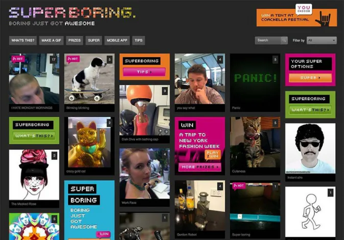 Grid-based content management interface displaying multiple video thumbnails, text overlays with purple and pink banners, navigation buttons including 'What's This?', 'Make a GIF', 'Prizes', 'Super...