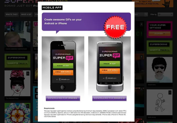 Two smartphones displaying the Super Boring GIF maker app interface with colorful menu buttons for creating GIFs, alongside a red FREE badge and download links for iPhone and Android versions.