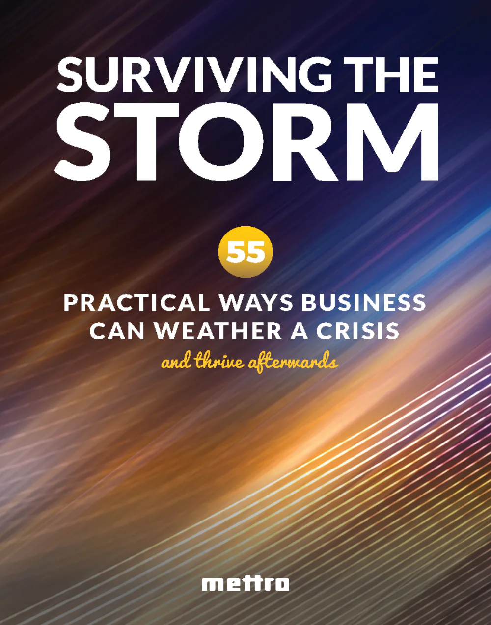 Book cover featuring dynamic blue and gold gradient background with diagonal motion lines. White text reads 'Surviving the Storm' with a yellow circle containing '55' below. Subtitle states '55 Pra...