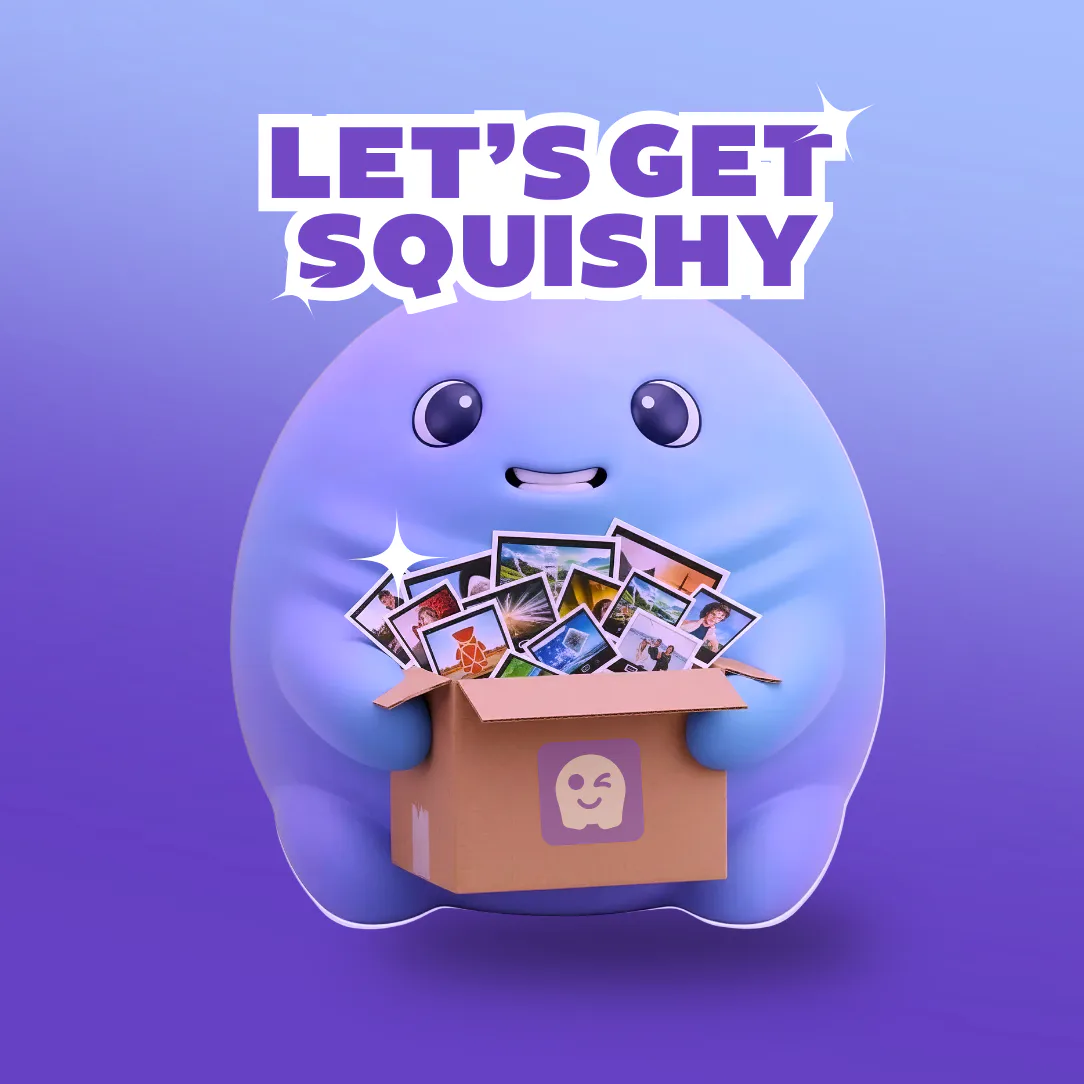 Smiling blue squishy character holding a cardboard box overflowing with colorful photographs and memories against a purple gradient background.