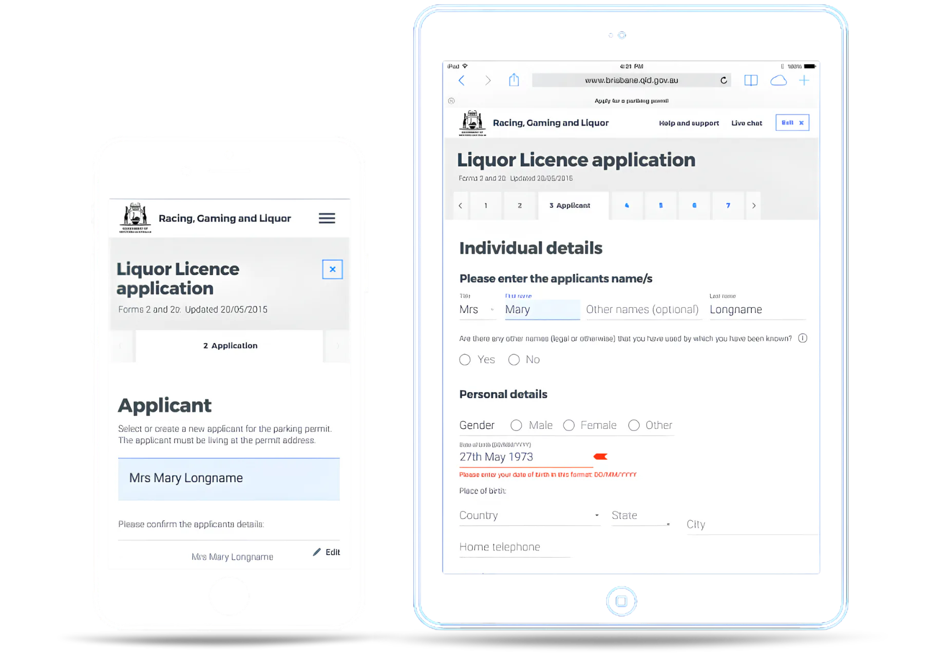 iPad displaying a government liquor licence application form with applicant details section showing name entry fields, personal information including gender and date of birth options, and location ...
